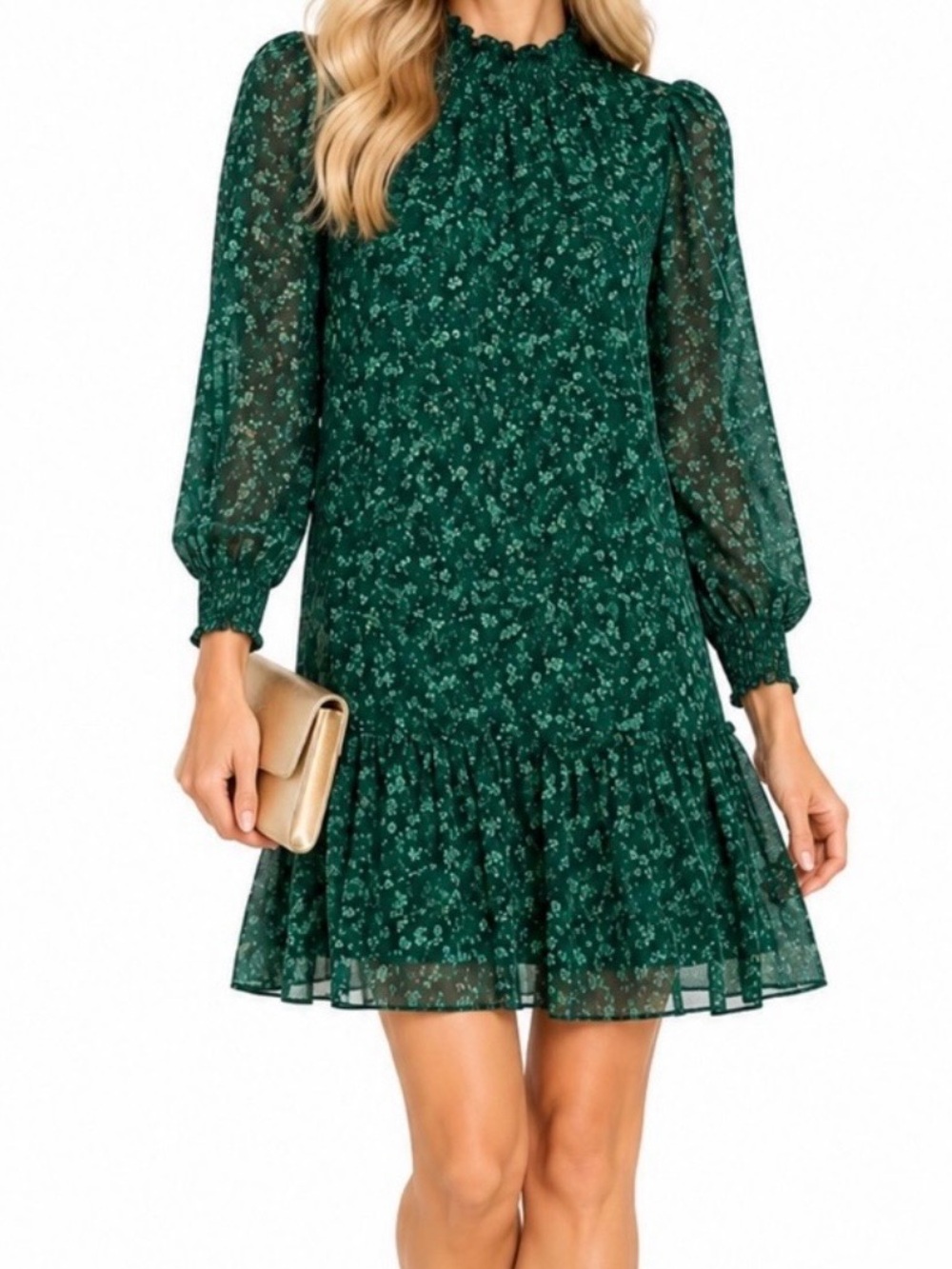 J. Crew Factory Dark Green Floral Long-Sleeve Ruffle Dress